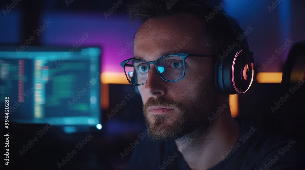Poster a person with glasses and headphones is intensely focused on coding at a computer. the dimly lit env
