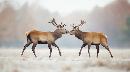 Two Red Deer Stags Clash in a Snowy Field, Displaying Strength and Power in Natures Battle for Supremacy