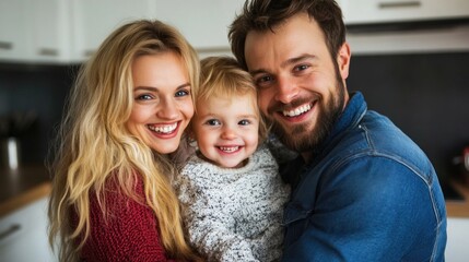 A happy family enjoys a close moment in their kitchen, with the parents embracing their cheerful toddler who beams with a big smile, showcasing their bonding and love