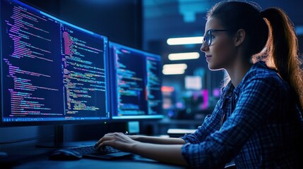 A woman is absorbed in her programming task, typing on a keyboard while surrounded by bright screens filled with colorful lines of code. The low-light setting enhances the tech atmosphere