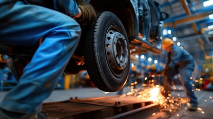 Two workers are engaged in car repair, one lifts a tire while another welds parts, surrounded by tools and machinery in a well-lit workshop