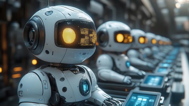 futuristic 3d robots collaborating in a smart factory setting representing m2m automation technology within the industry 40 landscape showcasing innovation and progress