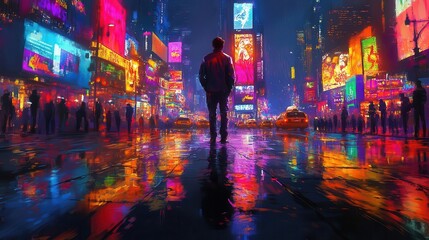 Fototapeta premium futuristic depiction of an empty times square at night rendered in a cyberpunk style showcasing neon lights and abstract street art in a vibrant digital painting