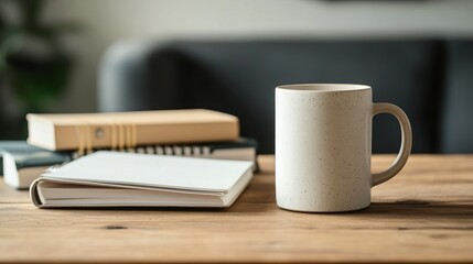 A sleek white ceramic mug sits atop a wooden table next to a stack of notebooks. The setting is indoors, and there is ample space for text to be added. 