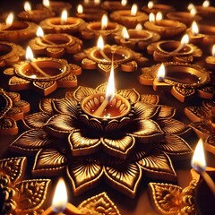 Espelmas doradas encendidas en celebración de Diwali.