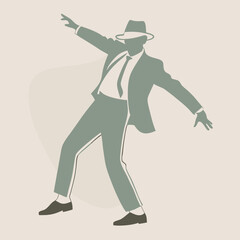 a black and white silhouette of a man in a dance pose. He is wearing a suit and a hat, and his arms are stretched out to the sides 