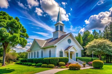 Serene and Inviting Simonton Community Church Surrounded by Lush Greenery and Clear Blue Sky
