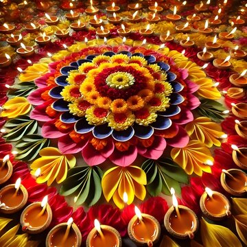 Decoraci&oacute;n festiva de Diwali con espelmas, flores y p&eacute;talos de flores. 