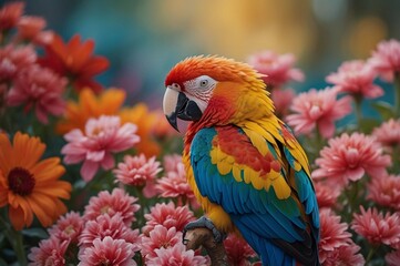 Obraz premium a colorful parrot on a branch surrounded by flowers