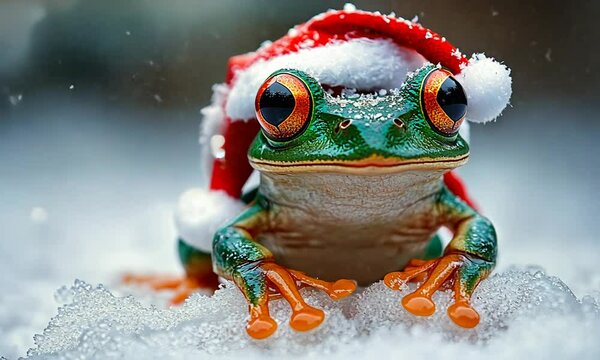 A festive frog wearing a Santa hat in a snowy setting.