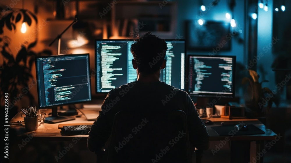 Leinwandbilder Silhouette of a Programmer Working Late at Night with Multiple Monitors Displaying Code