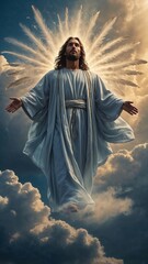 The image shows a figure of Christ floating heavenward in a dreamlike environment of swirling clouds. Concept of divine transcendence.