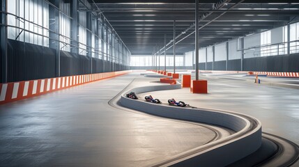 Obraz premium A minimalist go-kart track with smooth concrete surfaces, simple color-coded barriers, and a streamlined pit lane The design emphasizes speed and excitement with minimal visual distractions