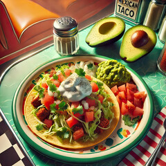 Open tacos with lots of Mediterranean salad accompanied by crushed avocado