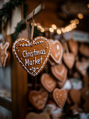 A heart-shaped gingerbread ornament with "Christmas Market" inscribed, displayed among other festive baked goods at a market stall.