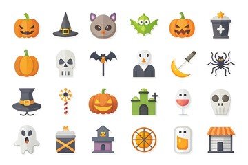 Flat halloween element collection on white background AI generated