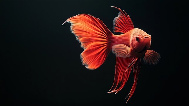 A Stunning Close-Up of a Vibrant Orange Betta Fish Isolated on a Black Background, Showcasing Its Graceful Fins and Colors