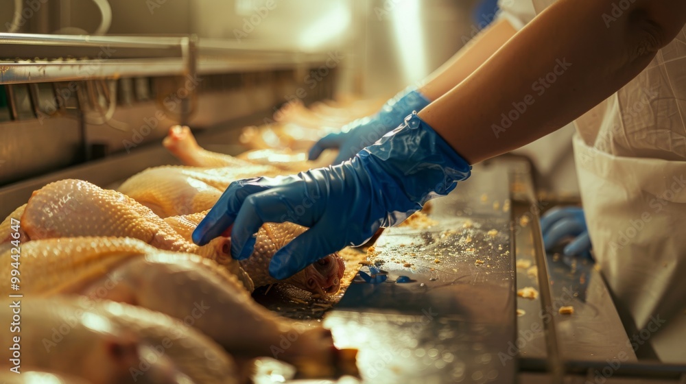 Wall mural workers process raw chickens on an assembly line, wearing protective gear in a brightly lit, clean f