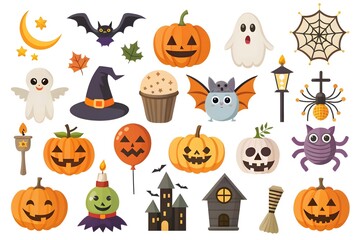Flat halloween element collection on white background AI generated