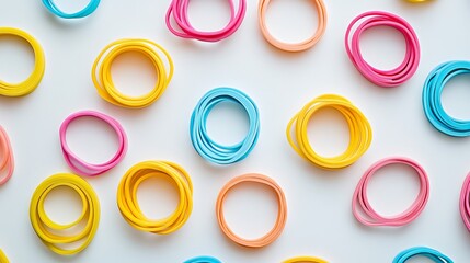 An array of vibrant multicolor rubber bands adorn a pristine white backdrop, captured in a studio setting. 