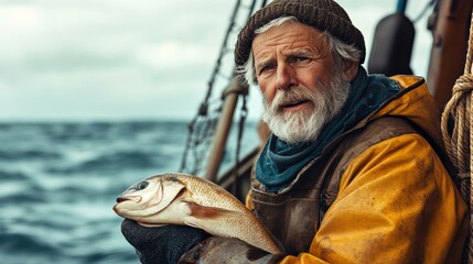 A seasoned fisherman gazes thoughtfully at the camera, holding a freshly caught fish on a misty sea voyage.