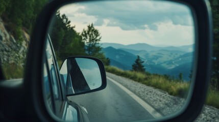 A car&rsquo;s side mirror reflects a winding mountain road and lush green forests under a cloudy sky, suggesting a scenic drive.