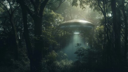 A mysterious UFO hovers above the dense forest, casting a beam of light amidst the trees, evoking science fiction intrigue.