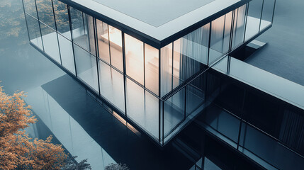 Fototapeta premium An architecturally modern glass house with sleek lines, surrounded by reflective water and autumn foliage.