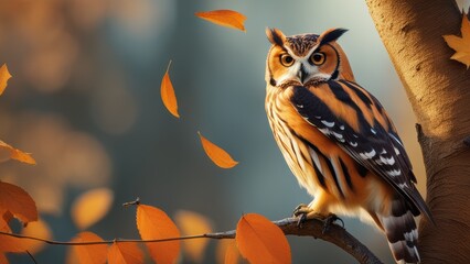 An owl perches on a tree branch looking out over fall foliage with orange and yellow leaves.