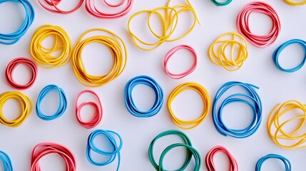 An array of vibrant multicolor rubber bands adorn a pristine white backdrop, captured in a studio setting. 