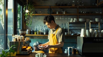 Fototapeta premium A barista in a vibrant cafe wearing an apron is deeply focused on preparing a specialty drink, highlighting dedication and the craft of coffee making.