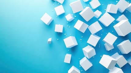 White cubes exploding on light blue background