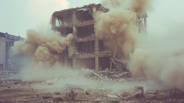 A dramatic demolition scene capturing a large building being imploded, with clouds of dust and debris billowing up against a pale blue sky.
