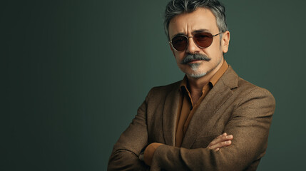 Obraz premium Confident distinguished man with moustache, glasses, wearing brown suit, arms crossed, serious expression, studio, mature, fashion concept
