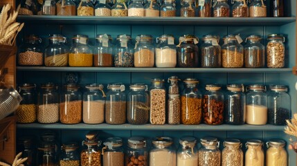 A well-organized pantry shelf adorned with transparent jars filled with various grains, spices, and dry goods, symbolizing organization and culinary preparedness.