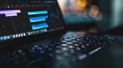 Obraz premium Close-up of a laptop keyboard and screen showing video editing software, with vibrant, blurred city lights in the background.