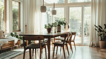 A cozy, sunlit dining room with modern wooden furniture, large windows letting in ample light, and potted plants enhancing the serene ambiance.