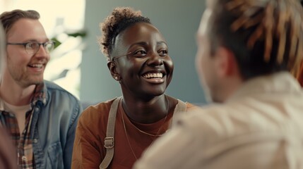 A joyful group of friends sharing a lighthearted moment, laughing and enjoying a conversation at a casual gathering.