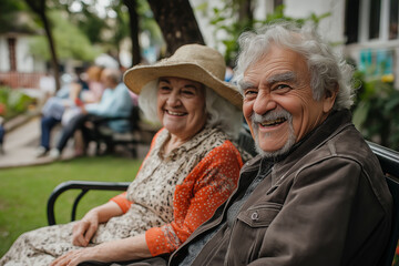 Smiling elderly couple relaxing on a park bench, wearing casual clothing, enjoying a sunny day, aging gracefully, senior lifestyle concept