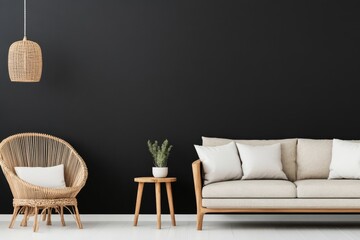 A modern living room featuring a chic, light sofa and decorative plant against a black wall
