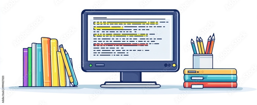 Poster modern workspace with computer displaying colorful code, surrounded by books and pencils for creativ