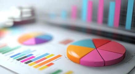 Colorful pie chart and vibrant graphs laid out on a table showcasing data analysis and trends