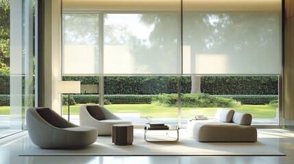 Automated window coverings enhance modern interiors, providing convenience and comfort:

* Motorized blinds offer effortless control, while large solar shades block the sun