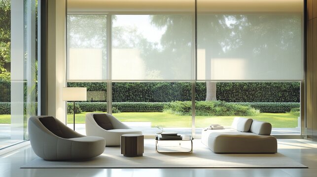 Automated window coverings enhance modern interiors, providing convenience and comfort:

* Motorized blinds offer effortless control, while large solar shades block the sun