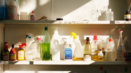 A shelf in soft morning light, stocked with various cleaning products and bottles, reflecting a peaceful, organized domestic setting.