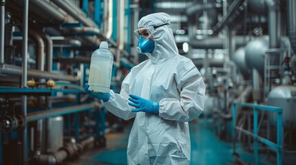 A worker in full protective attire examines a container filled with chemicals in a well-lit industrial setting, highlighting the importance of safety measures.
