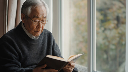 Senior man with glasses reading book by window, relaxed, peaceful atmosphere concept