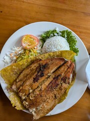 Traditional Colombian lunch served indoors on a tray with grilled trout, corn, salad, tomato, lettuce, and crunchy roasted vegetables, typical of Bogota and the Andes, close-up gourmet food