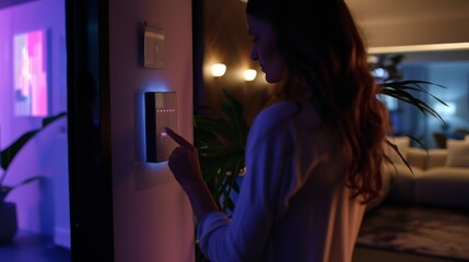 A woman interacts with a modern home control panel, casting a soft, colored glow, highlighting the seamless integration of technology in daily life.