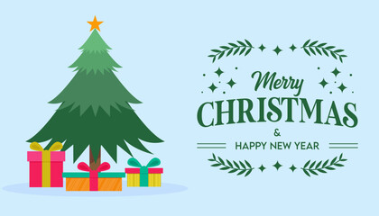 Merry Christmas banner with vector illustration of Christmas tree and gift box in blue background